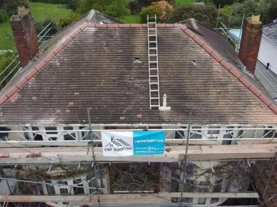 Scaffoliding for new roof tiles and roof ridge the Southwest